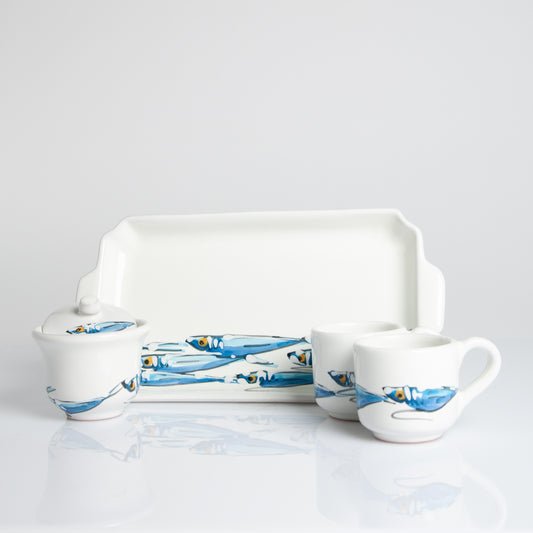 Anchovies set of 2 coffee cups with sugar bowl