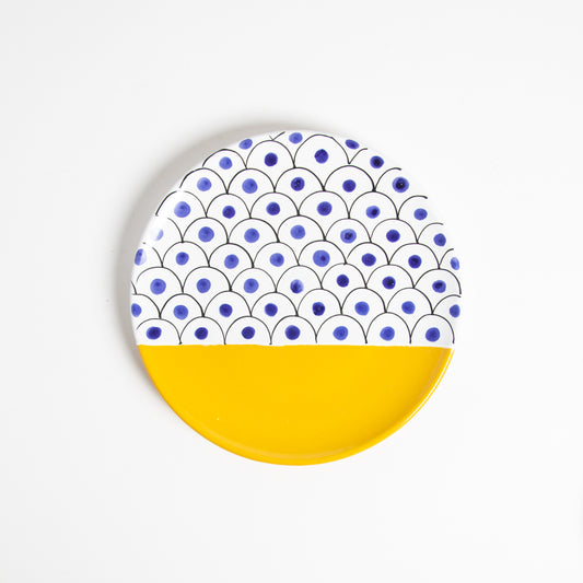 Yellow/blue tragara flat dish